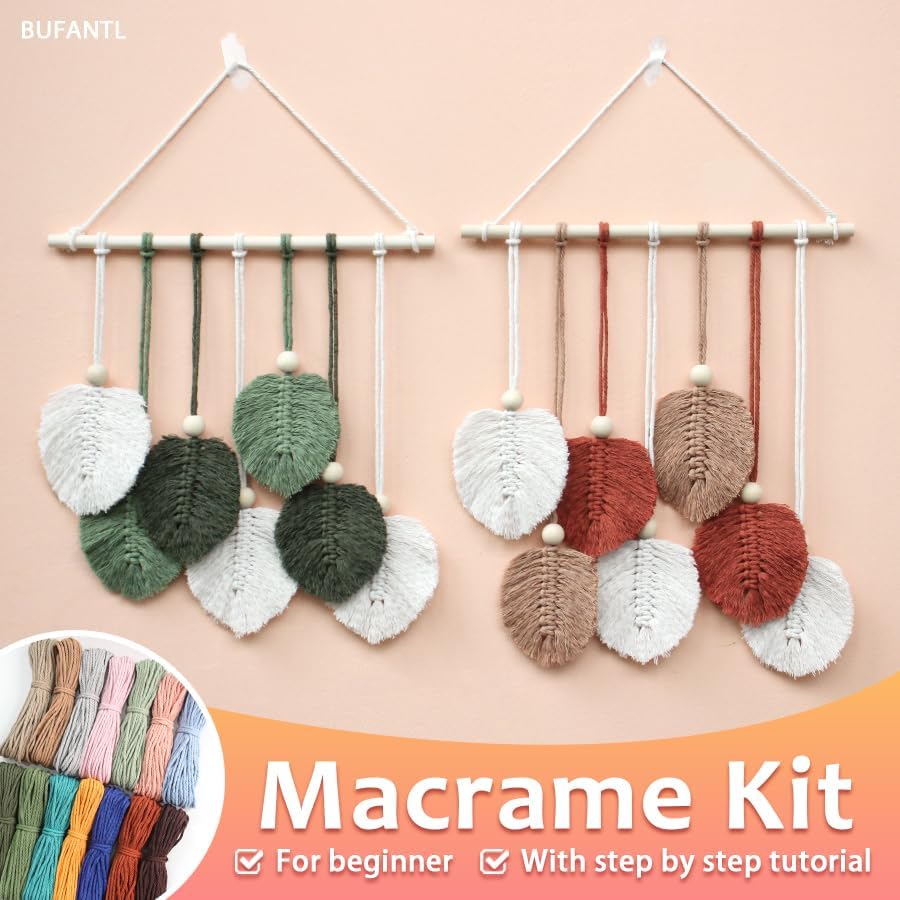 BUFANTL DIY Macrame Leaf Wall Hanging Kit for Beginners, Boho Woven Tapestry Craft Kit with Macrame Cord, Wooden Beads & Printed Instructions, Home Decor Macrame Kit for Adults - Image 2