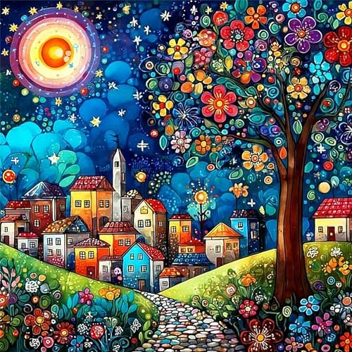 Jiqinsiye Tree Adults Paint by Number Kits,Houses Painting by Number Kits on Canvas,Village Large Color by Numbers Adult Watercolor Gifts for Friends Wall Decor by Unknown
