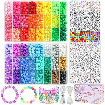 Gionlion 4200Pcs Pony Beads for Bracelet Making Kit, 48 Colors Kandi Beads Bracelet Kit, 2500PCS Rainbow Candy, 1700PCS Friendship Letter Bead with 20 Meter Elastic Strings by Gionlion