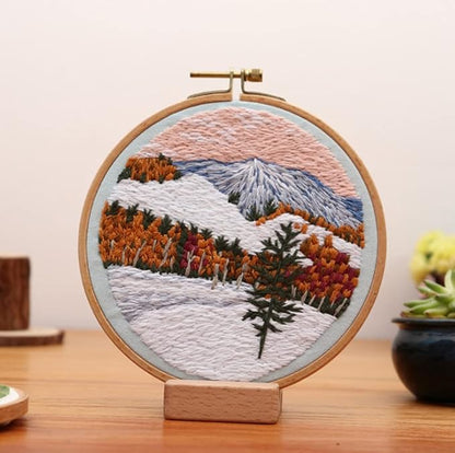 SUQUUB 3 Sets Embroidery Starter Kit with Pattern and Instructions,Cross Stitch Beginner Kits with Frame,3 Plastic Embroidery Hoops,3 Embroidery Clothes and Color Threads (3X Landscape Pattern)