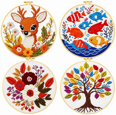 Zhenqing 4 Pack Nature Stamped Cross Stitch Kit for Adults and Beginners, 11CT Printed Fabric Deer Tree Fish Flower Patterns with Hoop, Threads, Needles, Scissors, Threader, Guide by ZhenqingHomeFlagship