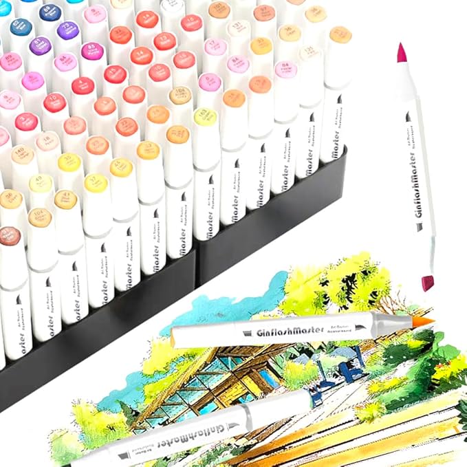 Ginflash Brush Chisel Tip Art Markers Designer Pen Sketch Alcohol Markers Dual Tips Manga Drawing Coloring book marker for artist (80)