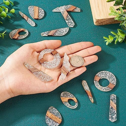 FASHEWELRY 14Pcs Resin Wood Earring Charms - Silver Foil Wooden Earring Blanks - Geometry Boho Charms - Round & Teardrop Pieces for Jewelry Making - Image 6