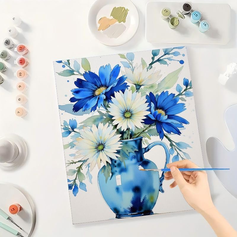 Still Life Paint by Numbers Kit for Adults - DIY Blue and White Flowers in Jug Painting on Canvas 16x20 Inches, Acrylic Paint Set, Suitable for Beginners, Art for Home Decoration or Gifts - Image 3