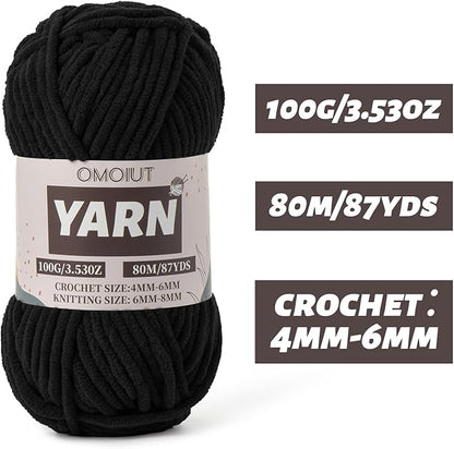Black Fluffy Chenille Yarn for Crocheting - Baby Yarn for Crocheting Soft Blanket - (100g/87.4yds) Crochet Amigurumi Chunky Yarns - Super Bulky 5 Velvet Yarns