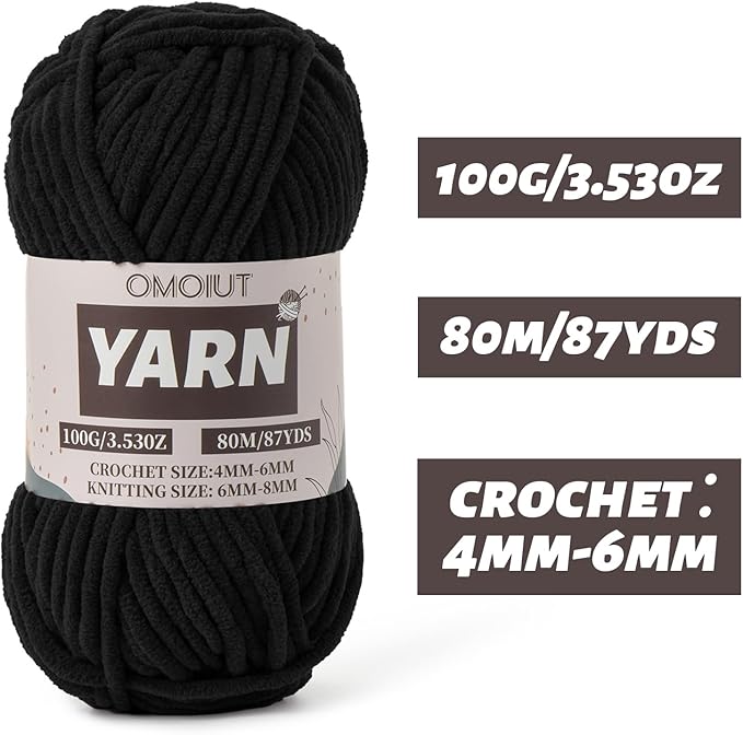 Fluffy Chenille Yarn for Crocheting - Baby Yarn for Crocheting Soft Blanket - 3 Pack of 100g/(87.4yds) Crochet Amigurumi Chunky Yarns - Super Bulky 5 Velvet Yarns (3 Black)