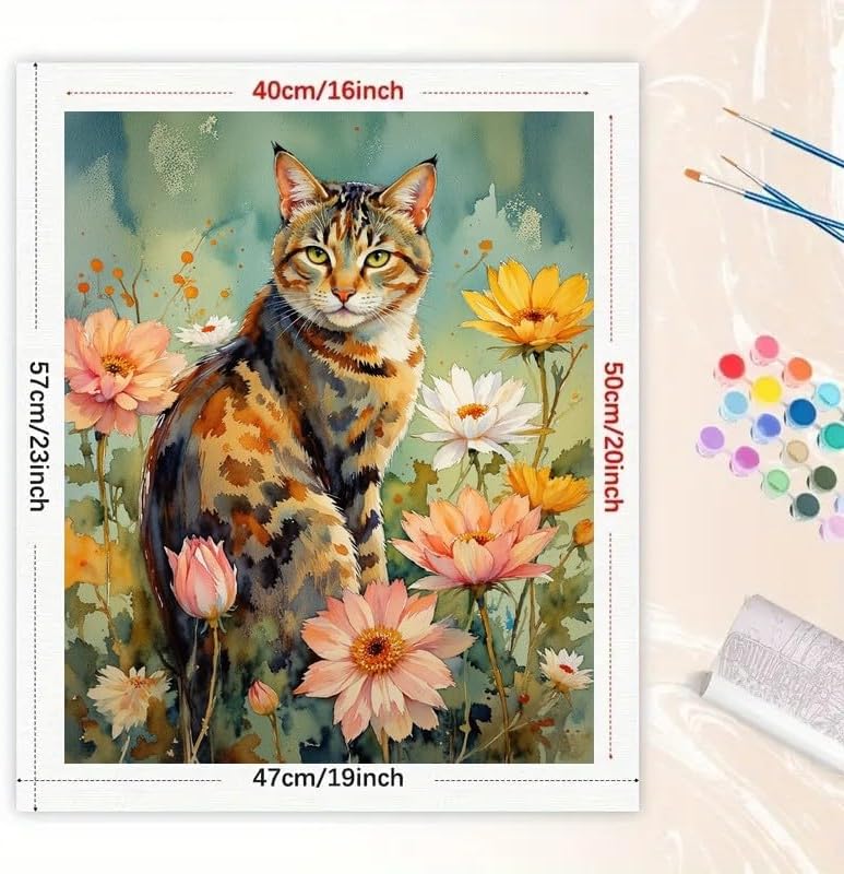 TAOPAOLAB Cat Paint by Numbers Kit for Adults - DIY Calico Cat Among Flowers Painting on Canvas 16x20In, Acrylic Paint Set, Suitable for Beginners, Pet Art for Home Decoration or Gifts - Image 2