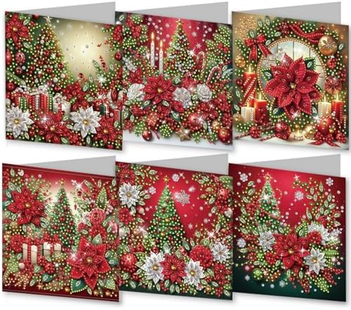 6Pcs Christmas Greeting Card DIY Diamond Art Painting Greeting Cards Blessing Folding Card Kit with White Envelopes Diamond Arts Crafts for Birthday Festival Gift-Poinsettia by BAYUNOESparkDiamondCraft