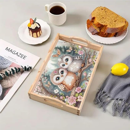 DoxQcs DIY Diamond Art Wooden Food Tray with Handle Diamond Painted Table Decoration Tray for Breakfast Bar Dinner Table Diamonds Art Painting for Beginners-Owl