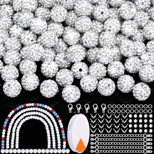 Dowarm 255PCS 10mm Rhinestone Beads for Baseball Necklace Bracelet Jewelry Making, White Rhinestone Clay Beads for Crafts Beaded Pen, Round Polymer Clay Shamballa Pave Disco Diamond Bead by Dowarm