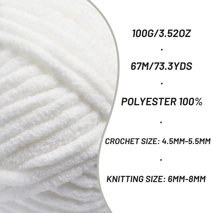Chunky Chenille Yarn for Crocheting，Baby Yarn for Crocheting Soft Blankets，Bulky Yarns for Crochet Amigurumi，3×100g (3×74.3yds) Fluffy Velvet Yarns for Hand Knitting (3 White)