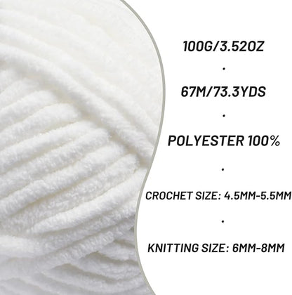 Chunky Chenille Yarn for Crocheting，Baby Yarn for Crocheting Soft Blankets，Bulky Yarns for Crochet Amigurumi，100g (74.3yds) Fluffy Velvet Yarns for Hand Knitting（White）