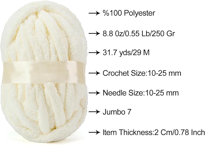 ERLYEEN Chenille Chunky Yarn Super Bulky Soft Thick Fluffy Jumbo Giant Washable Polyester Big Yarn DIY for Arm Knit Blanket Cushion Bed Sofa Home Decor,Milk White,0.55LB