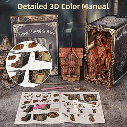 fifijoy Viking Book Nook Kit - DIY Miniature House Dollhouse Kit for Adults Teens, Booknook Tiny House Bookshelf Insert Decor 3D Wooden Puzzle, Gifts for Family, Friends (Voyage Through the Storm) - Image 5