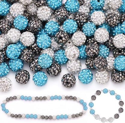 90pcs 10mm Rhinestone Beads for Jewelry Making, Aquamarine+White+Hematite Shiny Round Shamballa Disco Beads, Sparkle Crystal Clay Christmas for Bracelet Baseball Necklace Earring and DIY by TINKRSTUFF