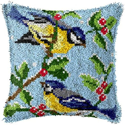 Howie's Latch Hook Kit, DIY Birds Pillow Crochet Yarn Kits for Adults, Color Preprinted Pattern Embroidery Sofa Cushion Cover (Birds, 16.93 x 16.93 inch) by HowiesNeedlepoint