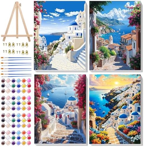 Ycydilirab 4 Pack Framed Paint by Numbers-Seaside Scenery Paint by Number Adult,Landscape Paint by Numbers Framed Canvas with Wooden Easel for Home Wall Decor (8x12 inch) by Ycydilirab