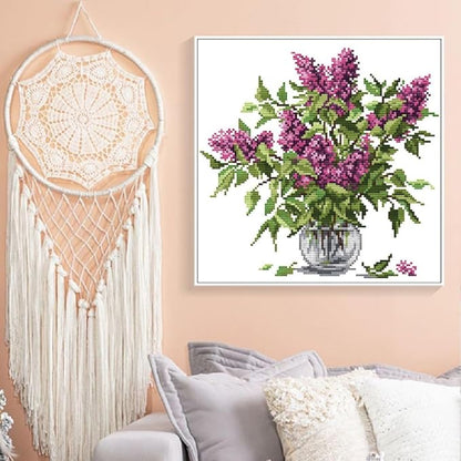 Qeerysew Cross Stitch Kit Stamped Full Range of Embroidery Starter Kits for Beginners DIY-Printed kit Purple Flower 3(Printed) 11CT 14.6×14.6 inches