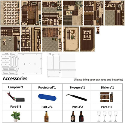 Corner Tavern Book Nook - DIY Book Nook Kit for Adults | Wooden Bookshelf 3D Book Nook Miniature Kit with LED Lights, Puzzle Decor for Book Lovers, 327 PCS, Cozy Bar Scene Decor - Image 3