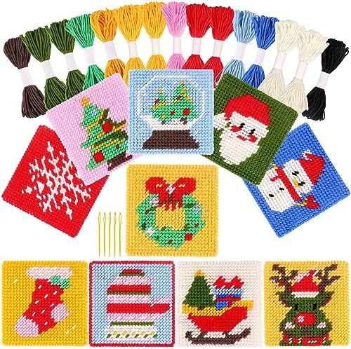 Pllieay Christmas 10-in-1 Cross Stitch Beginner Kit for Kids, Includes Instruction of 10 Different Patterns, 10 Printed Plastic canvases for Needlework, Needlepoint Starter Sewing Set by Pllieay