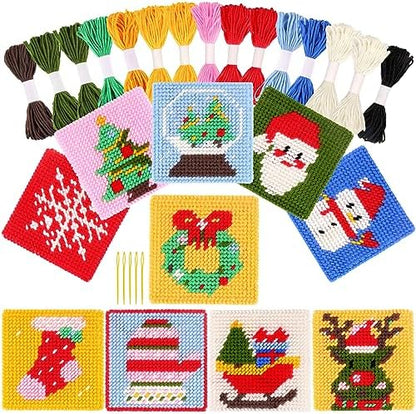 Pllieay Christmas 10-in-1 Cross Stitch Beginner Kit for Kids, Includes Instruction of 10 Different Patterns, 10 Printed Plastic canvases for Needlework, Needlepoint Starter Sewing Set by Pllieay