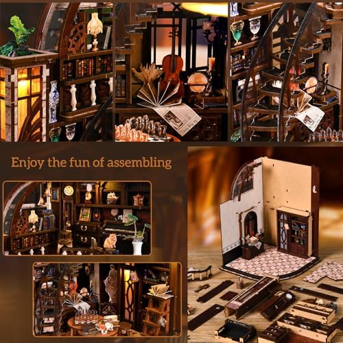 DIY Miniature House Kit, 3D Wooden Puzzle for Adults, Book Nook Kit with Touch LED Light, Library Bookshelf Insert, Creative Hobby Craft Gift for Bibliophiles (Bacchus Bookstore) - Image 4
