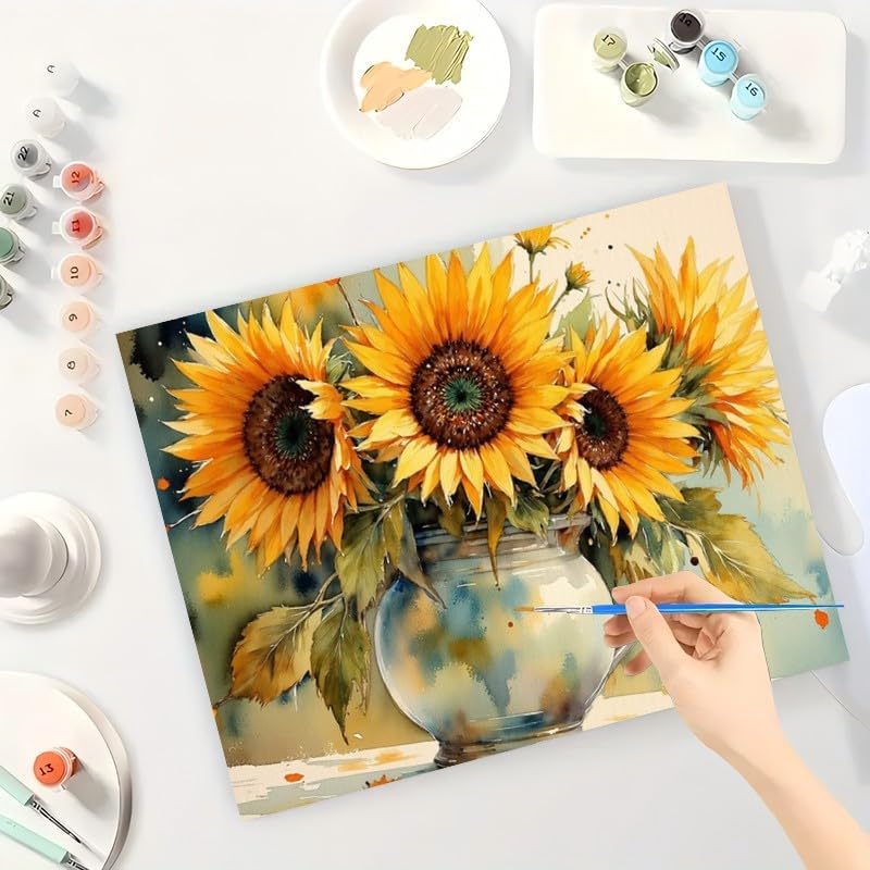 Rustic Sunflower Paint by Numbers Kit for Adults - DIY Sunflowers in Ceramic Jug Painting on Canvas 16x20 Inches, Acrylic Paint Set, Suitable for Beginners, Country Art for Home Decoration or Gifts - Image 3