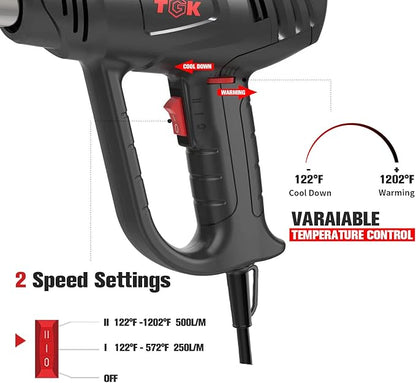 Heat Gun, TGK® 1800W Heavy Duty Hot Air Gun Kit 122℉~1202℉ Dual Temperature Settings with 3 Nozzle Attachments Overload Protection for Crafts, Shrink Wrapping/Tubing, Paint Removing, Epoxy Resin