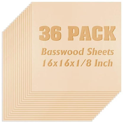 36 Pack Basswood Sheets, Plywood Board 1/8 Inch Unfinished Wood,3mm Plywood for Laser Cutting,Boards for Crafts for DIY Plywood Sheets Unfinished Wood Boards for Laser Cutting(16inchx16inch)