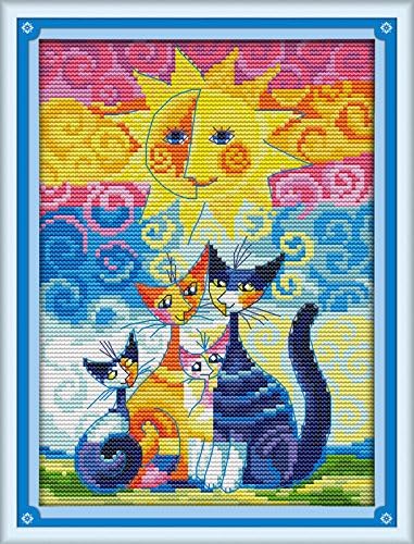Funcrostitch Counted Cross Stitch Kits for Beginners,14CT Unprinted Pattern Embroidery Kit DMC Cotton Threads Needleworks for Adults-Cats Under The Sun (2) 7.5"×11"
