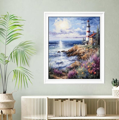 Leczany Cross Stitch Stamped Kit for Adults - Seaside Lighthouse | DIY Embroidery Starter Patterns Craft Kit Needlepoint for Beginner | 11CT, 3 Strands | 13.8x16.9 inches
