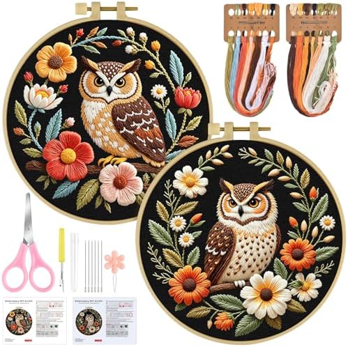 ERKOON Embroidery Kit for Beginners, 2 Set Flower Cross Stitch Set Include Embroidery Cloth Hoops Threads for Craft Lover Hand Stitch with Embroidery Skill Techniques (Owl) by ERKOON