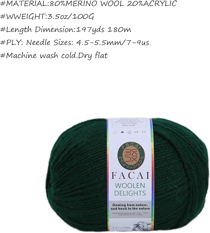 Facai Blend Merino Wool Yarn for Knitting - Worsted Weight,197yds (3.5oz) Ball, Ideal for Sweaters, Scarves, and Accessories (3, Hunter Green)