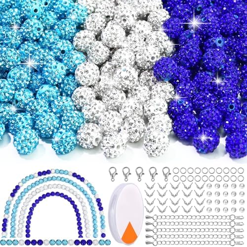 Dowarm 255PCS 10mm Rhinestone Beads for Baseball Rhinestone Necklace Bracelet Jewelry Making, Round Polymer Clay Beads for Crafts Beaded Pen, DIY Shamballa Pave Disco Bead, Turquoise|Blue|White by Dowarm