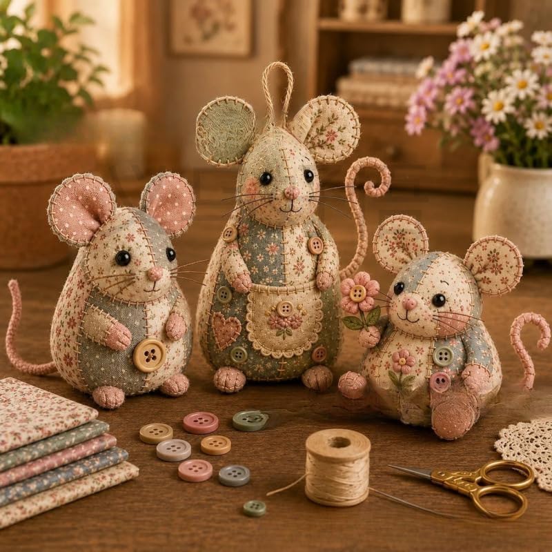 Vintage Patchwork Mouse DIY Sewing Kit for Adult Beginners, All-in-One Floral Fabric Craft Set with Pre-Cut Fabric, Supplies & Step Guide, Cute Mouse Ornament for Desk Home Decor, Perfect Craft Gift - Image 4