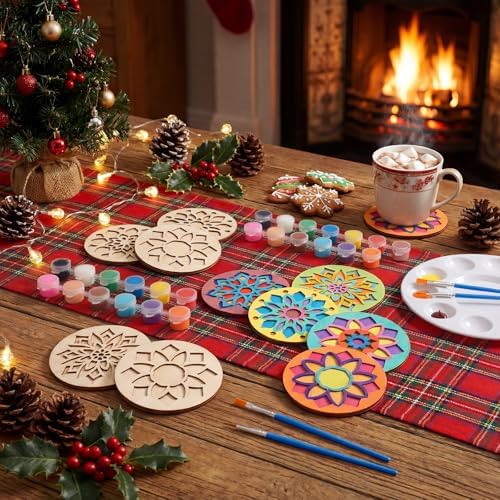 DoubleFill 12 Pcs Wooden Coasters Painting Kit DIY Craft Set, Mandala - Image 6