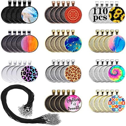 110Pcs Pendant Trays, Round Tray Set, Alloy Tray Charms Bulk, Bezel Pendant Trays for Homemade Jewelry and Necklaces, DIY Crafts, Resin Art, Paint Pour Skins, Costume Jewelry by Csdtylh
