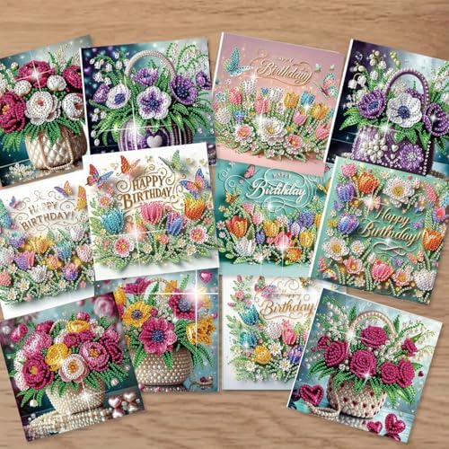 C'eitura 12Pcs Flower Bouquet Diamond Art Painting Greeting Card Kit with Envelopes, DIY Floral Christmas Birthday Thanksgiving Card Making Set, Elegant Handmade Card Craft - Image 2