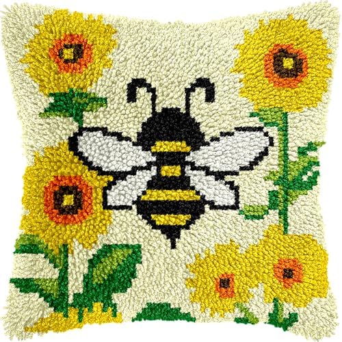 Bee Sunflower Latch Hook Kits for Adults Beginners, Pre-Printed 17“ X 17" by VEIROUSA