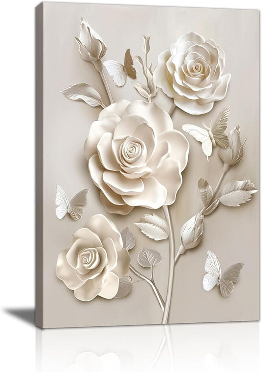 WENGTIAO Beige Flora Canvas Wall Art Neutral Roses Butterflies Wall Print Poster Modern Botanical Minimalist Blossom Painting Picture Elegant Flower Artwork for Living Room Bedroom Bathroom 12x16 inch