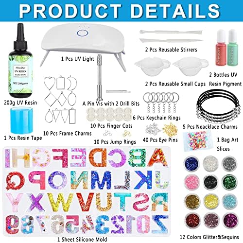 Miraclekoo UV Resin Kit with Light and Alphabet Resin Molds for Beginners, 7oz UV Epoxy Resin and Supplies with UV Lamp Resin Jewelry Molds Starter DIY Kits Tools for Keychain Necklace Making - Image 2
