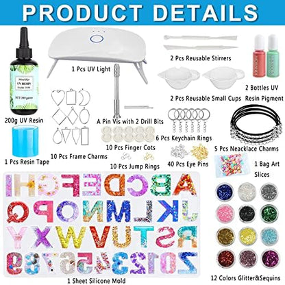 Miraclekoo UV Resin Kit with Light and Alphabet Resin Molds for Beginners, 7oz UV Epoxy Resin and Supplies with UV Lamp Resin Jewelry Molds Starter DIY Kits Tools for Keychain Necklace Making - Image 2