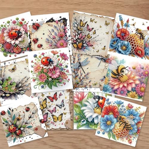 jinglinhh 12pcs Diamond Art Painting Ladybug Bee Butterfly Insect Flower Greeting Cards with Envelopes, DIY Card Making Kits for Adults, Diamond Art Christmas Cards for Holiday Gifts - Image 4