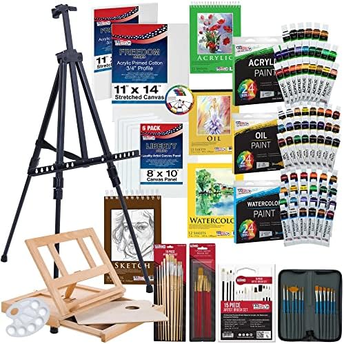U.S. Art Supply 133-Piece Artist Painting Kit - Aluminum & Wood Easel by USArtSupply