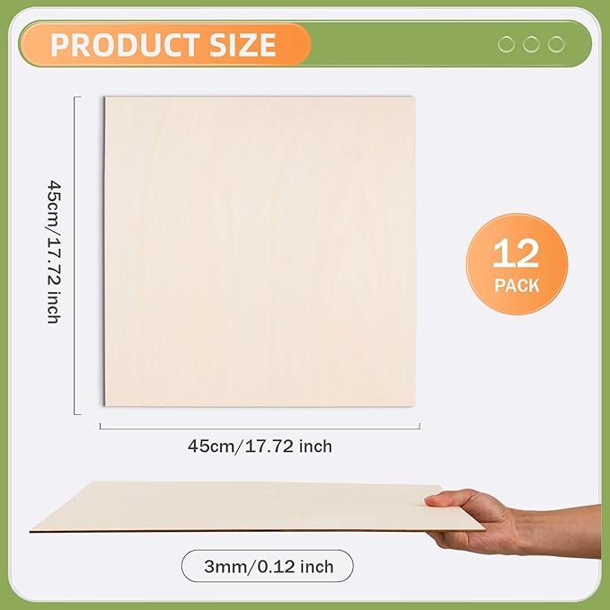AWIZOM 12 Pack Basswood Sheets for Crafts-18 x 18 x 1/8 Inch- 3mm Thick Plywood Sheets with Smooth Surfaces Unfinished Wood Boards for Laser Cutting, Wood Burning, Architectural Models, Staining