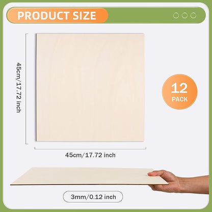 AWIZOM 12 Pack Basswood Sheets for Crafts-18 x 18 x 1/8 Inch- 3mm Thick Plywood Sheets with Smooth Surfaces Unfinished Wood Boards for Laser Cutting, Wood Burning, Architectural Models, Staining