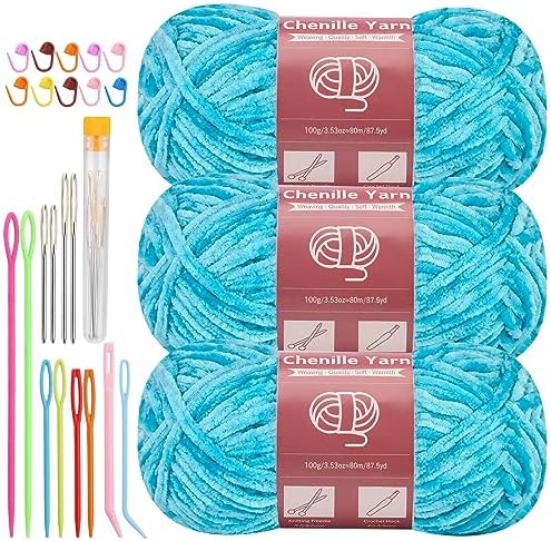 LUNARM Chenille Yarn 3 Pack 3.5oz Chunky Blanket Velvet Yarn 263 Yard by Lunarm