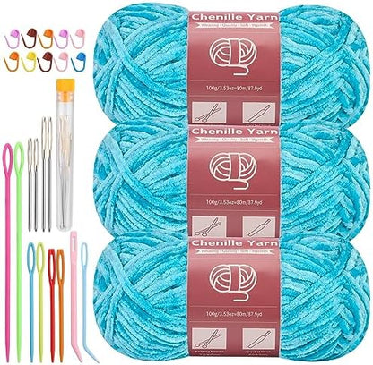 LUNARM Chenille Yarn 3 Pack 3.5oz Chunky Blanket Velvet Yarn 263 Yard by Lunarm