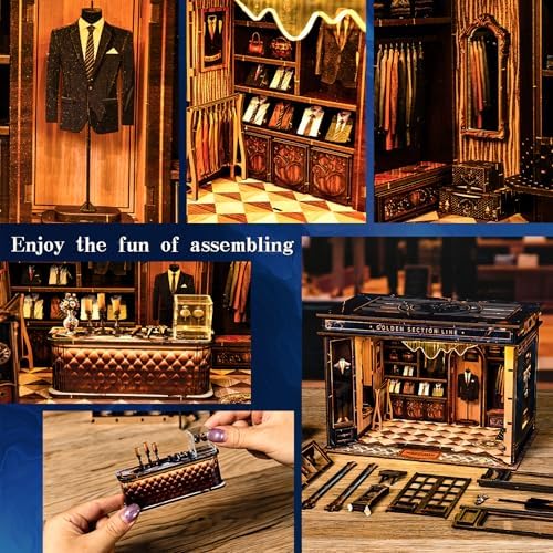 DIY Miniature Dollhouse Kit with LED Light, 3D Wooden Puzzle Book Nook Kit for Adults and Teens, Creative Tailor Shop Model Kit to Build, Home Decor Hobby Gift (Golden Section Line) - Image 4