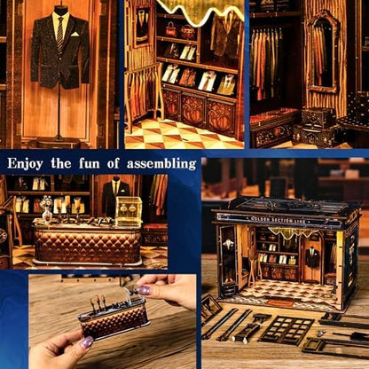 DIY Miniature Dollhouse Kit with LED Light, 3D Wooden Puzzle Book Nook Kit for Adults and Teens, Creative Tailor Shop Model Kit to Build, Home Decor Hobby Gift (Golden Section Line) - Image 4